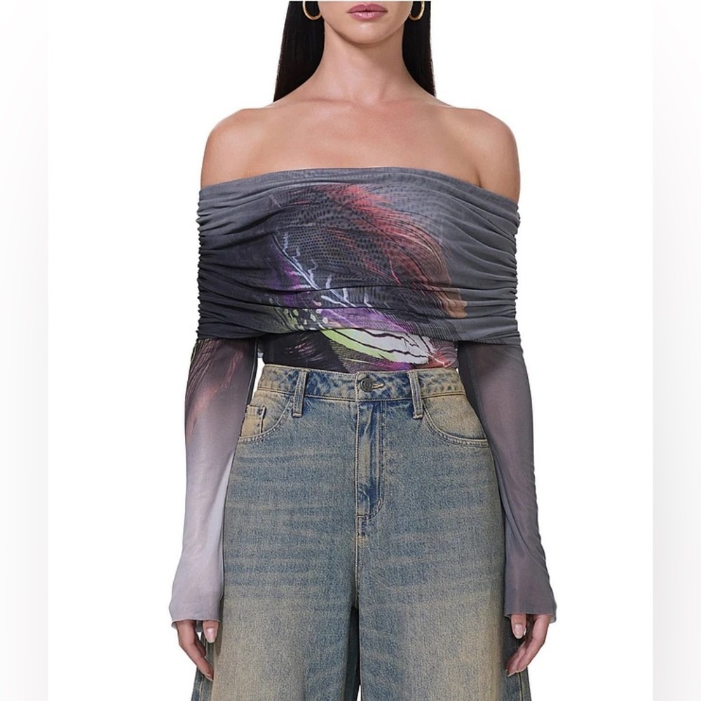 AFRM Maxine Ruched Off The Shoulder Mesh Bodysuit in Dark Feather